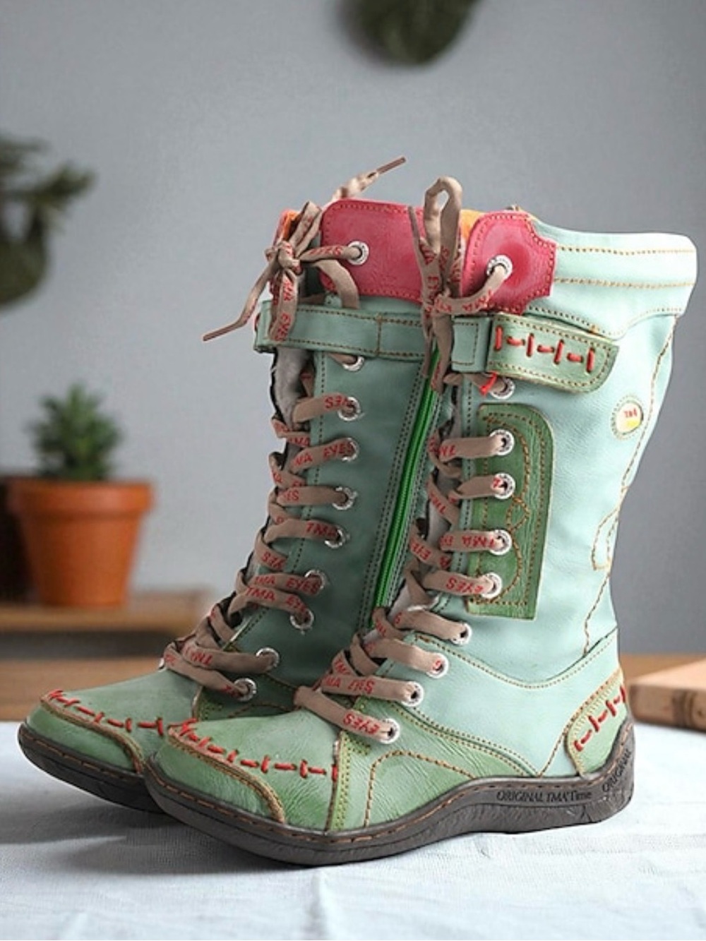 Green and Pink Lace-Up Women's Boots. PU and genuine leather.